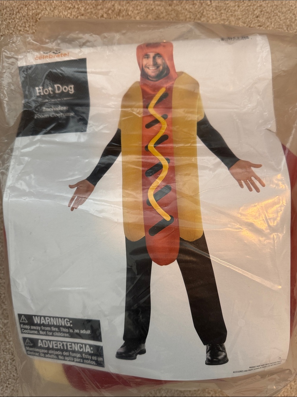 Men’s Yellow Hot Dog Costume with Mustard. Size M (32/34)